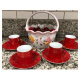 431 - CLASSIC COFFEE & TEA CUPS & CERAMIC BASKET