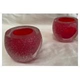 B - 2 RED FROSTED CANDLE HOLDERS (B105)