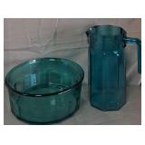 B - TURQUOISE GLASS PITCHER & BOWL (C55)