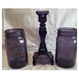 B - 2 PURPLE JARS + CANDLE HOLDER (F42)