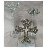 B - CRYSTAL CANDLE STICKS + CRYSTAL STUDDED CROSS