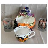 B - HALLOWEEN LOT CULVER, CAT TEACUP, WITCH BOWL