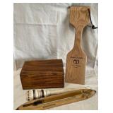 B - VTG OAK BOX, WEAVING SHUTTLE, MEXICAN WHISK