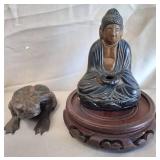 B - BUDDHA INCENSE BURNER & CARVED WOOD FROG (C68)