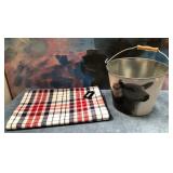 43 - PLAID TABLECLOTH AND METAL BUCKET (D217)