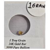 1 TROY GRAIN 24K GOLD BAR .9999 PURE (811)
