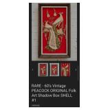 Q - VINTAGE SHELL ART PEACOCK SHADOWBOX 20X24'