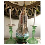 Q - VIRGIN MARY STATUETTE & VINTAGE CANDLESTICKS