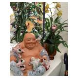 Q - BUDDHA FIGURE, FAUX ORCHIDS IN PLANTER (L27)