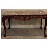 11 - CONSOLE TABLE WITH MARBLE TOP & CARVED DETAIL