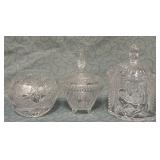 488 - CRYSTAL SPHERE VASE & TWO LIDDED JARS (D28)