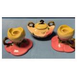488 - HULL POTTERY CANDLE HOLDERS & SUGAR BOWL