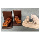 488 - PAIR OF WOODEN BOOKENDS & PORCELAIN FIGURINE