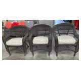 11 - THREE MATCHING WICKER CHAIRS WITH CUSHIONS