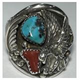 STERLING SILVER EAGLE RING TURQUOISE RED CORAL