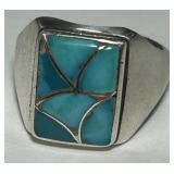 STERLING SILVER MOSAIC INLAY TURQUOISE RING 13 GRS