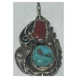 STERLING SILVER CORAL/TURQUOISE PENDANT 7.3 GRS