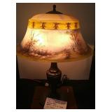 PAIRPOINT REVERSE PAINTED LAMP w/ BRONZE BASE
