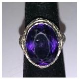 ANTIQUE 18KT WHITE GOLD FILLIGREE RING w/ AMETHYST