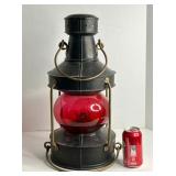 LARGE ANTIQUE KEROSENE LANTERN WITH RED BLOWN