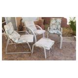 W - THREE PATIO CHAIRS, CUSHIONS, FOOTSTOOLS