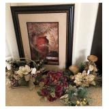 W - FRAMED ART, FAUX FLOWERS, CANDLE HOLDERS
