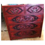 R - FIVE-DRAWER CARVED CINNABAR CHEST (O11)