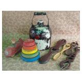 487 - HAND PAINTED MILK JUG,VINTAGE WOODEN TOYS