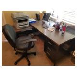 J5 - DESK WITH CONTENTS, CHAIR & PRINTER