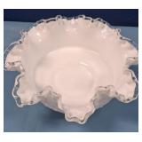 489 - VINTAGE MILK GLASS RUFFLED BOWL 10'DIA (N16)