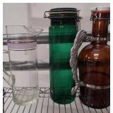 GERMAN BEER BOTTLE, GREEN GLASS CANISTER, PITCHER