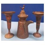 489 - COPPER DALLAH (COFFEE POT) & VASES (N30)
