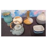 11 - MIXED LOT OF VASES, TEAPOT, DISH (H74)