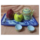 11 - CERAMIC TEAPOTS, CUPS, TRAY (L70)