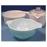 489 - PYREX BOWL, CORNING WARE SAUCE PAN, BAKEWARE