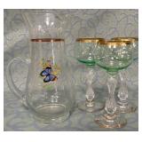 488 - VINTAGE GOLD-RIMMED STEMWARE & PITCHER (D180