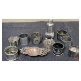488 - VINTAGE NAPKIN RINGS, TEA STRAINER, SHAKER
