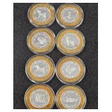 LOT OF 8 .999 FINE SILVER $10 GAMING TOKEN (A25)