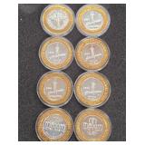 LOT OF 8 .999 FINE SILVER $10 GAMING TOKEN (A52)