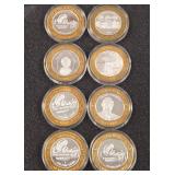 LOT OF 8 .999 FINE SILVER $10 GAMING TOKEN (A19)
