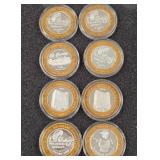 LOT OF 8 .999 FINE SILVER $10 GAMING TOKEN (A18)