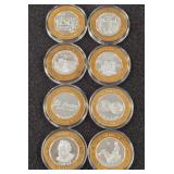 LOT OF 8 .999 FINE SILVER $10 GAMING TOKEN (A16)
