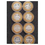 LOT OF 8 .999 FINE SILVER $10 GAMING TOKEN (A57)