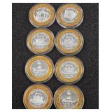 LOT OF 8 .999 FINE SILVER $10 GAMING TOKEN (A31)