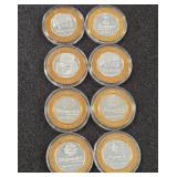 LOT OF 8 .999 FINE SILVER $10 GAMING TOKEN (A30)