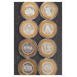 LOT OF 8 .999 FINE SILVER $10 GAMING TOKEN (A33)