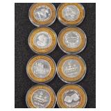 LOT OF 8 .999 FINE SILVER $10 GAMING TOKEN (A32)