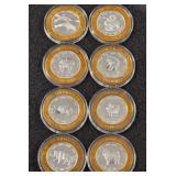 LOT OF 8 .999 FINE SILVER $10 GAMING TOKEN (A27)