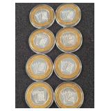 LOT OF 8 .999 FINE SILVER $10 GAMING TOKEN (A29)