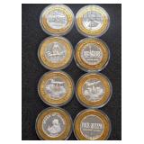 LOT OF 8 .999 FINE SILVER $10 GAMING TOKEN (A35)